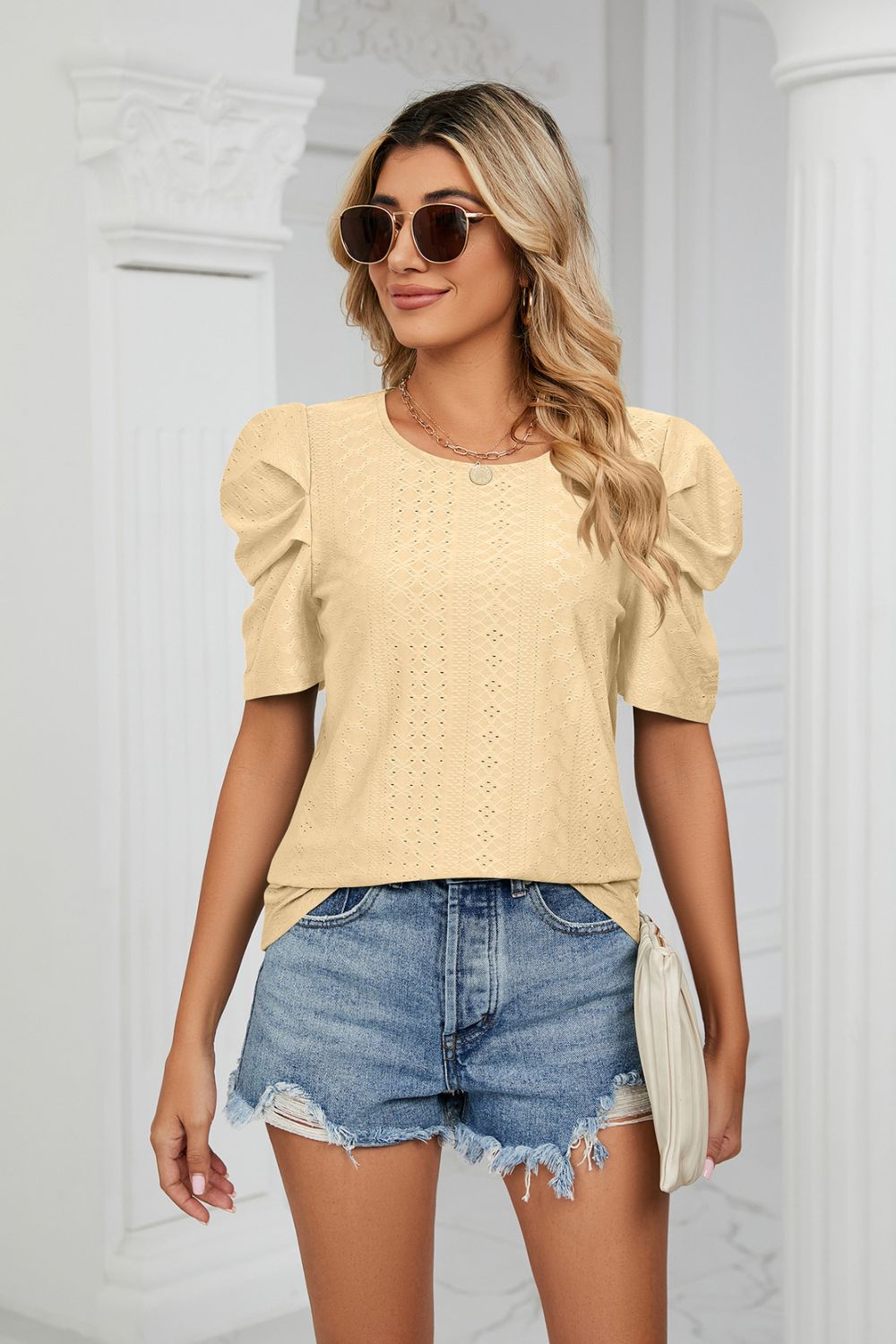 Eyelet Puff Sleeve Round Neck Blouse